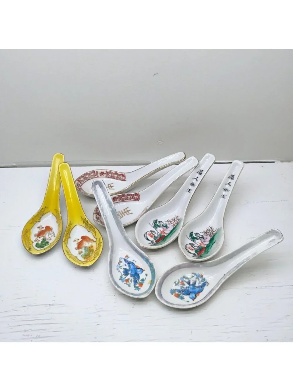 Vtg Chinese Porcelain Spoon Lot Koi Fish Birds Hand Painted 8 Total